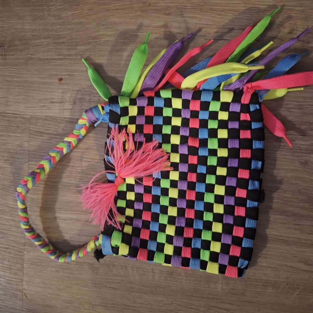 Pink and Green Checkerboard Bag with Woven Texture